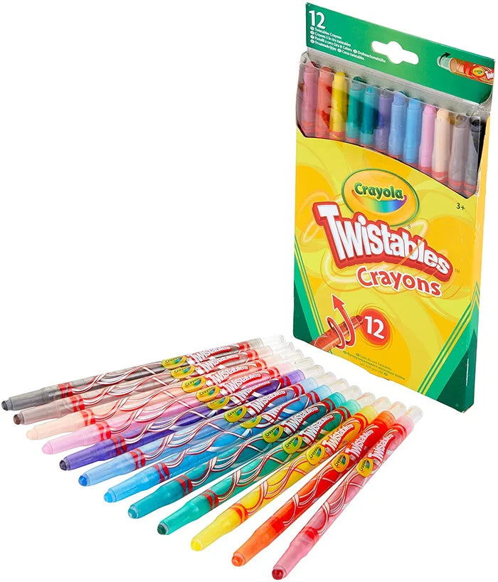 Twelve colorful Crayola Twistable crayons with clear spiral barrels fanned in front of their yellow and green box.