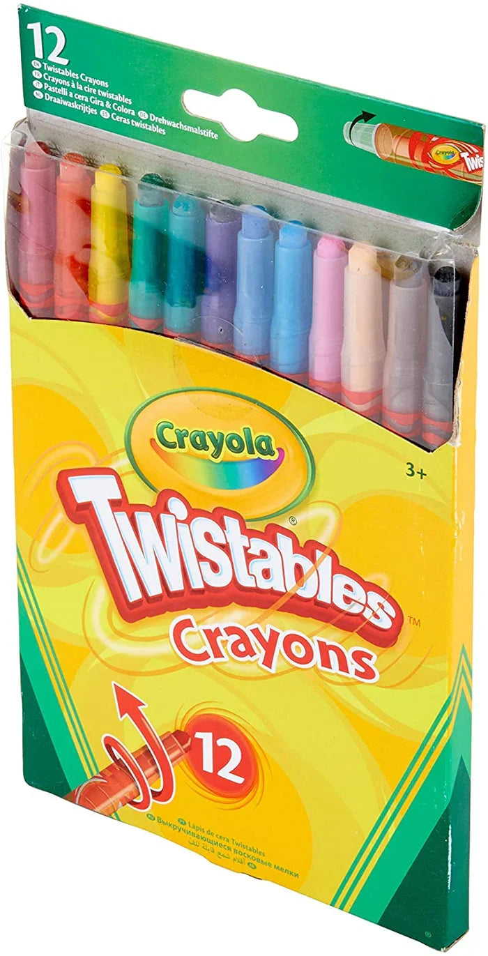12 multi-colored Crayola Twistable Crayons in clear plastic barrels inside a yellow box with a transparent window.
