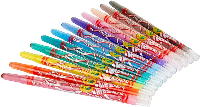Twelve rainbow-colored crayons with clear barrels, twist-up mechanisms, and swirl designs, arranged in a diagonal row.
