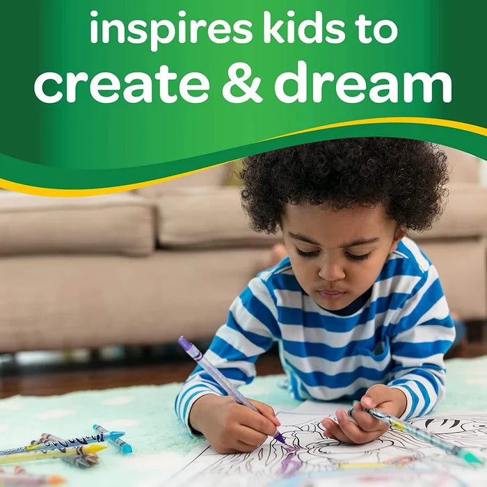 Boy coloring with clear-barrel Twistable crayons. Text: inspires kids to create & dream. Green and yellow banner.