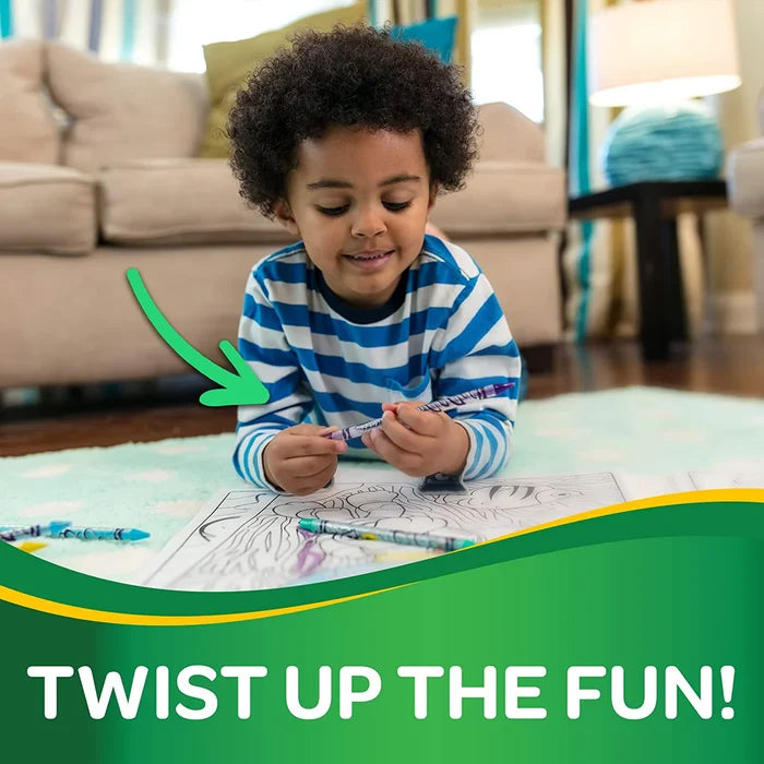 A child on a rug twisting a purple crayon over a coloring book. Green arrow points to crayon. Text: Twist Up The Fun!