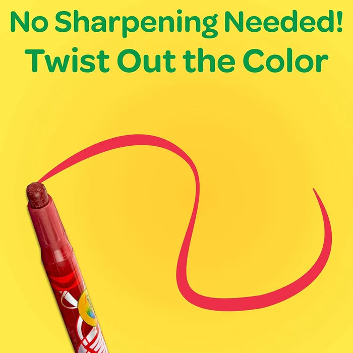 Red twistable crayon draws a swirl on a yellow background. Text: No Sharpening Needed! Twist Out the Color.