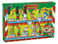 Green advent calendar box featuring a cartoon putty factory with holiday characters and 24 numbered perforated doors.