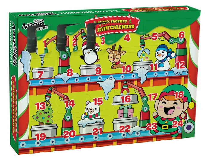 Green advent calendar box featuring a cartoon putty factory with holiday characters and 24 numbered perforated doors.