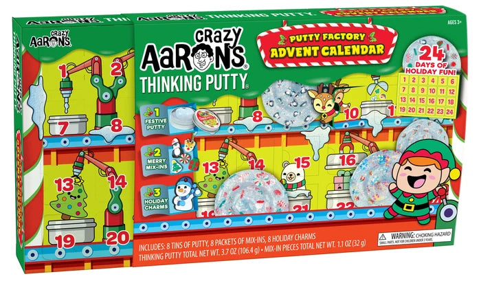 Green advent calendar box with a toy factory theme, 24 numbered doors, and colorful images of festive putty.