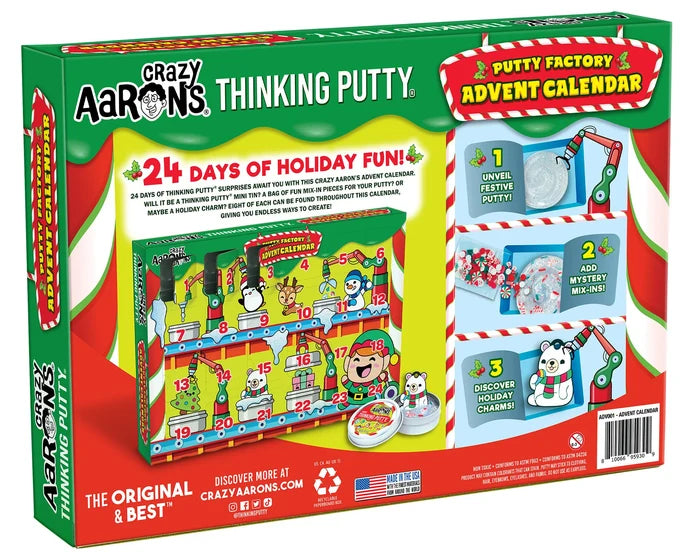 Green and red holiday advent calendar box with 24 numbered doors and previews of putty, mix-ins, and festive charms.
