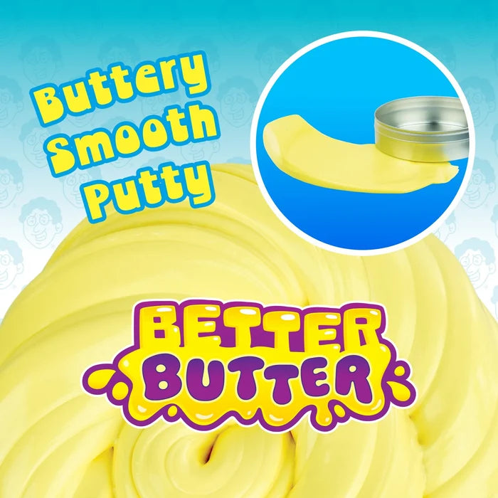 Yellow swirled putty with a purple Better Butter logo. Inset shows a silver tin lid spreading the smooth yellow putty.