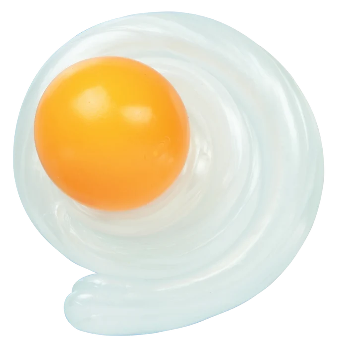 Bright orange ball resting on a translucent, milky-white putty spiral shaped like a fried egg.