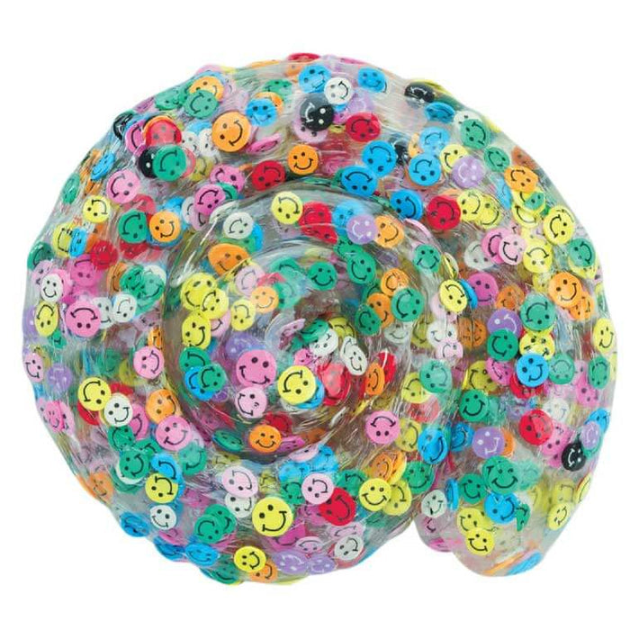 Clear putty swirl filled with tiny, colorful smiley face charms in various expressions.