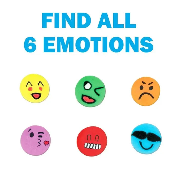 Six colorful round emoji face charms with various expressions under the text Find All 6 Emotions.
