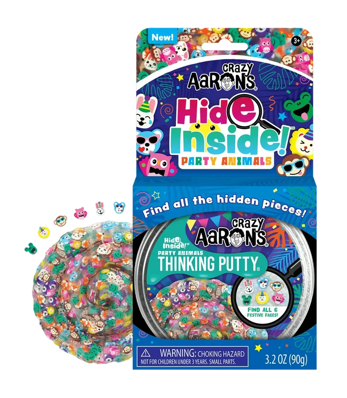 Blue box and tin of clear thinking putty filled with tiny colorful animal face charms and a swirl of the putty.