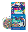 Blue box and tin of clear thinking putty filled with tiny colorful animal face charms and a swirl of the putty.