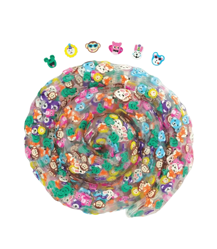 Clear coiled putty filled with tiny colorful animal face charms like monkeys, lions, and rabbits.