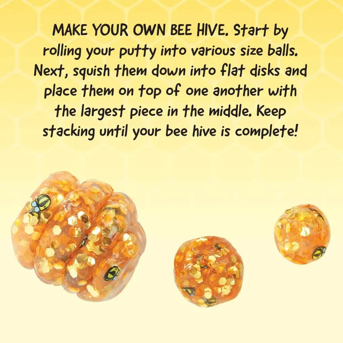 Glittery orange putty with bee charms, shaped into a hive and balls, with instructions on a honeycomb background.