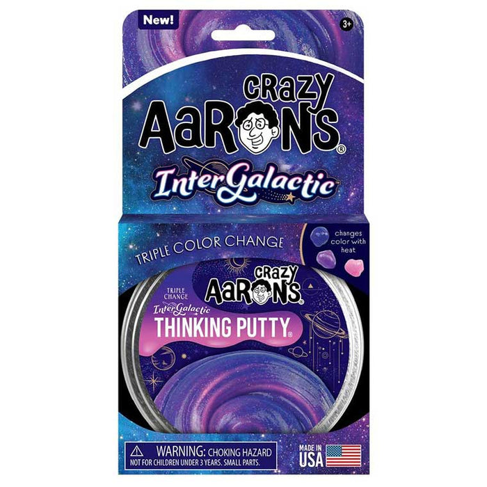 Crazy Aaron's Intergalactic Thinking Putty in a round tin and blue and purple galaxy-themed packaging.