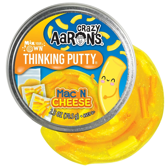 Yellow translucent putty swirl with orange mix-ins and a silver tin lid featuring a blue label and cartoon noodle.