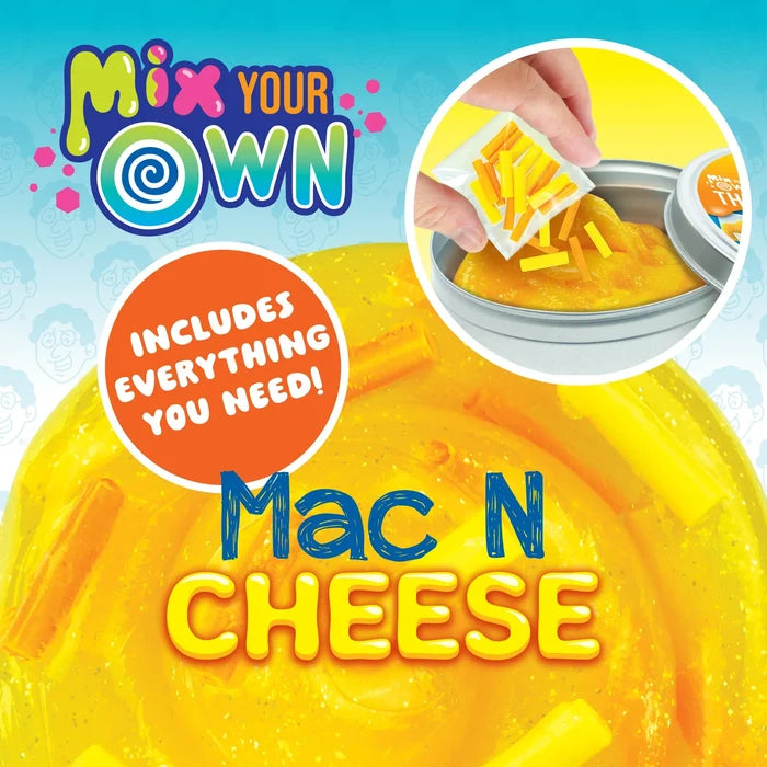 Yellow glitter putty with macaroni-shaped sprinkles. Inset shows hands pouring orange and yellow mix-ins into a tin.