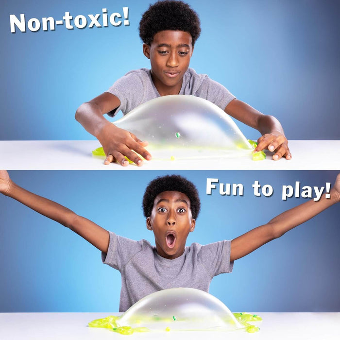 A boy blowing a large bubble with translucent yellow slime on a table. Text reads, Non-toxic! and Fun to play!