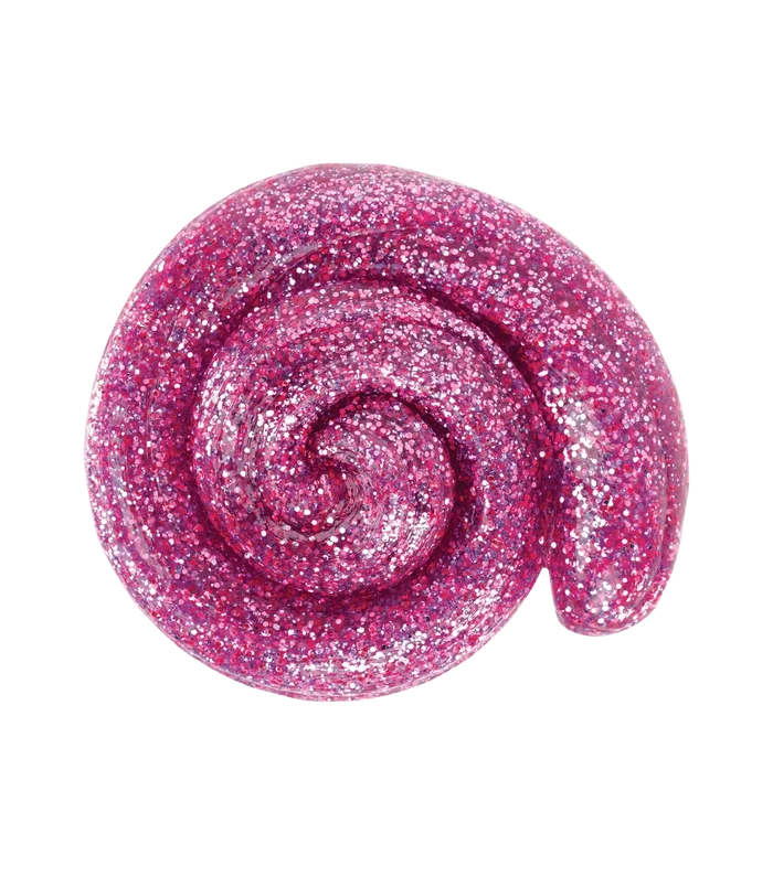 Coiled magenta glitter putty in a spiral shape with dense pink and silver sparkles.