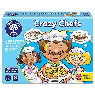 Blue Orchard Toys game box for Crazy Chefs featuring three cartoon chefs holding a pizza and cakes. Ages 3 to 6.