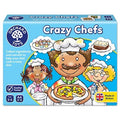 Blue Orchard Toys game box for Crazy Chefs featuring three cartoon chefs holding a pizza and cakes. Ages 3 to 6.