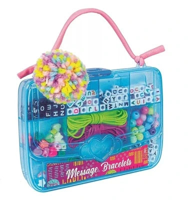 Blue purse-shaped case with pink handle and pom-pom, containing alphabet beads and colorful jewelry cord.