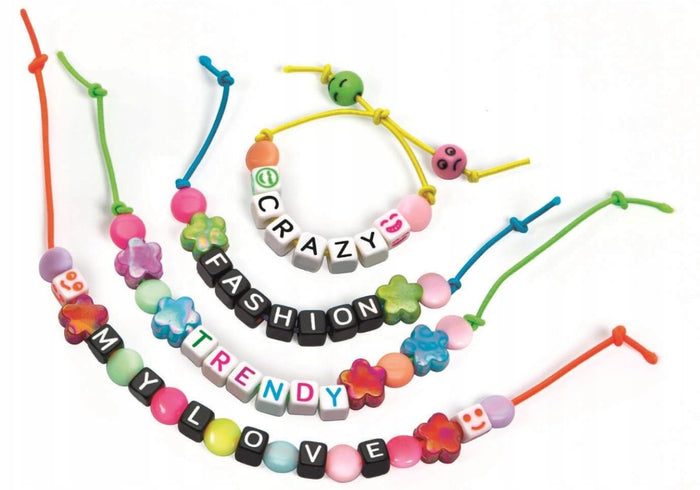 Four bright beaded bracelets on colorful cords spelling CRAZY, FASHION, TRENDY, and MY LOVE with smiley and flower beads.