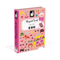 Pink book-shaped box with colorful illustrations of cartoon eyes, hair, and accessories for Crazy Faces Magnéti'book.