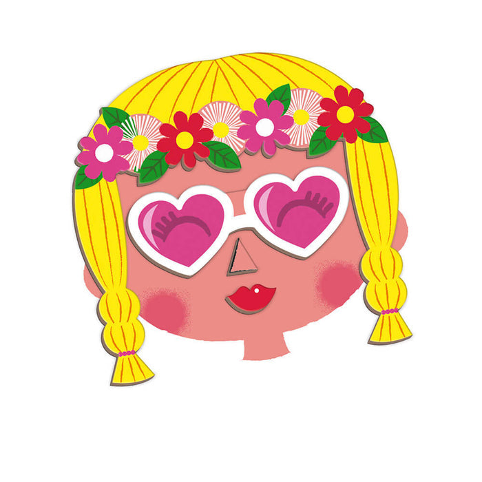 Cartoon girl face with yellow pigtails, a flower crown, and pink heart-shaped sunglasses.