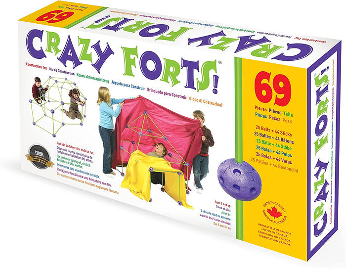 Toy box showing children building structures with 69 green sticks and purple connector balls, draped in blankets.
