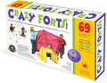 Toy box showing children building structures with 69 green sticks and purple connector balls, draped in blankets.