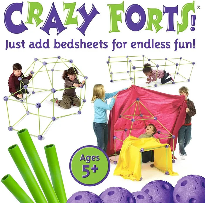 Children building various structures using green rods and purple connector spheres, covered with colorful bedsheets.