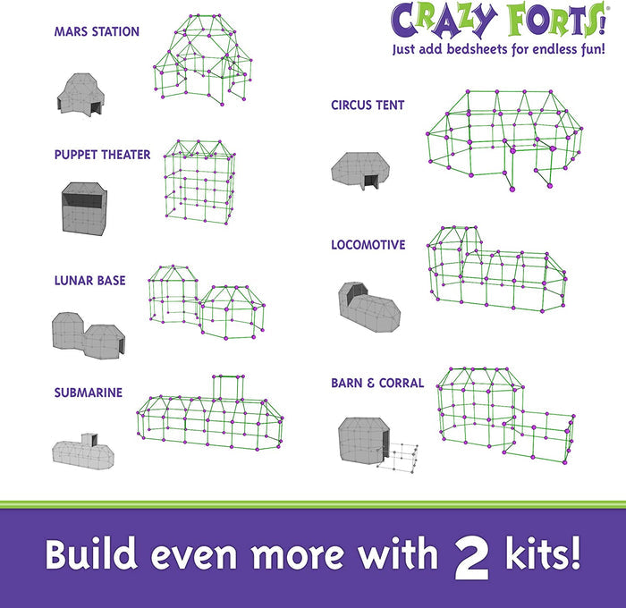Diagrams of Crazy Forts built with green rods and purple spheres, with and without grey bedsheets. Build more with 2 kits!