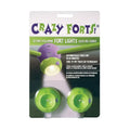 Retail packaging for fort lights with two green LED pods and an illustration of a glowing purple ball connector.