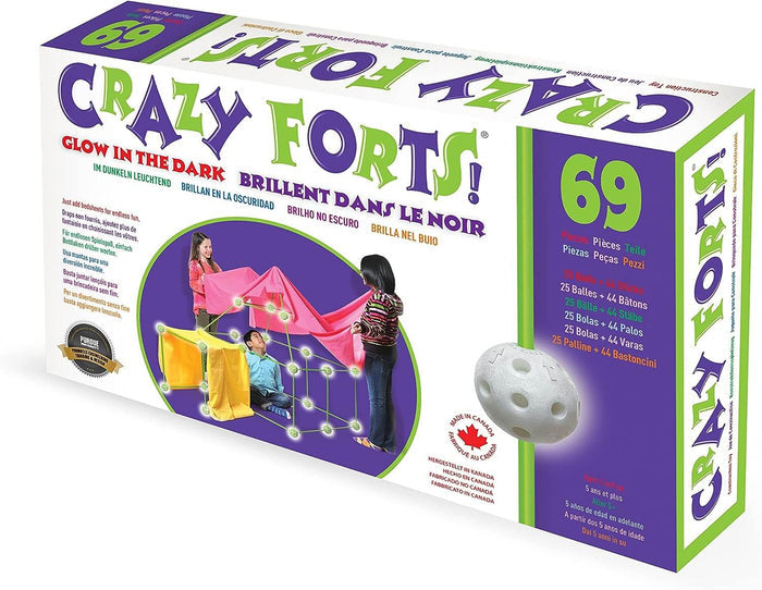 White and green 69-piece fort kit box showing kids in a structure of glowing green sticks and white connector balls.