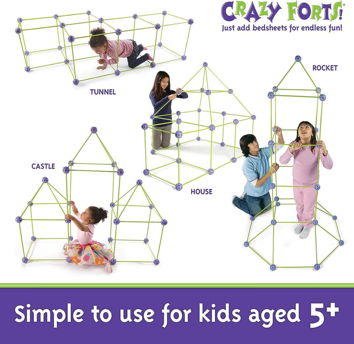 Children build a rocket, castle, house, and tunnel with green rods and purple connector balls on a white background.