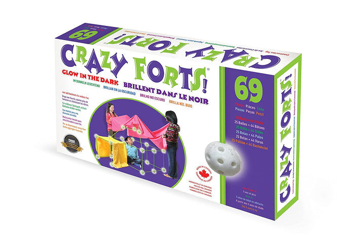 White and purple toy box showing children building a fort with glowing green rods and balls under colorful blankets.