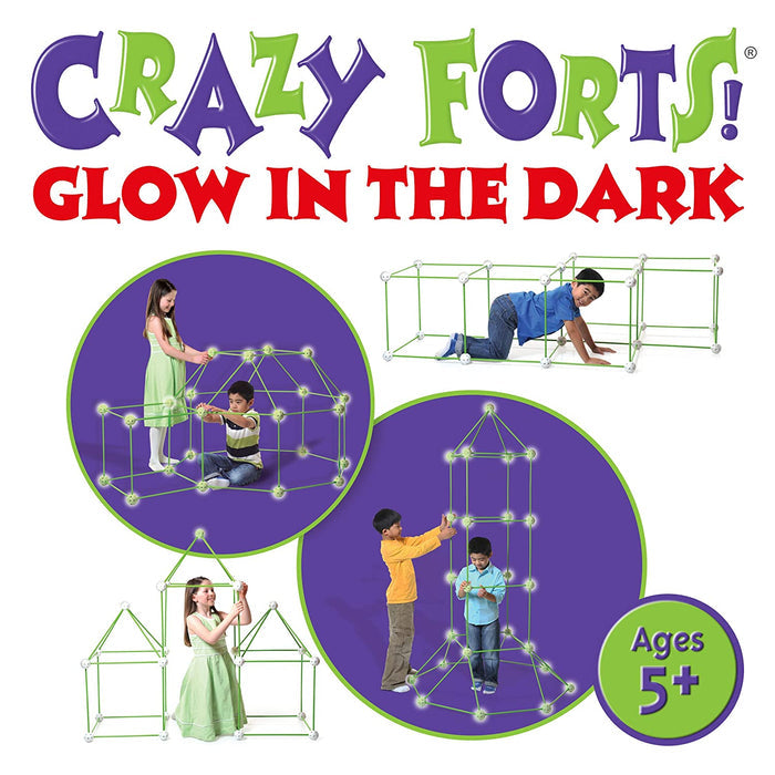 Kids building glowing green forts and structures with plastic rods and ball connectors. Ages 5+.