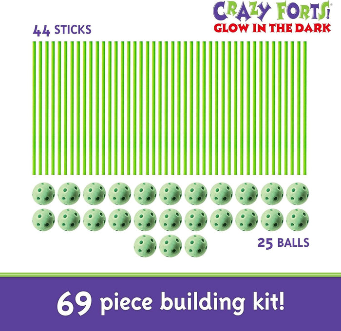 69-piece building set with 44 bright green sticks and 25 light green connector spheres with multiple holes.