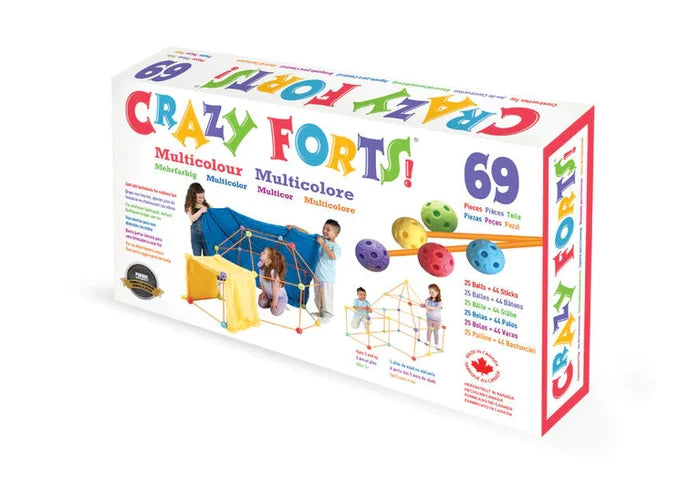 Crazy Forts! Multicolour 69-piece box featuring kids building structures with vibrant balls and orange sticks.