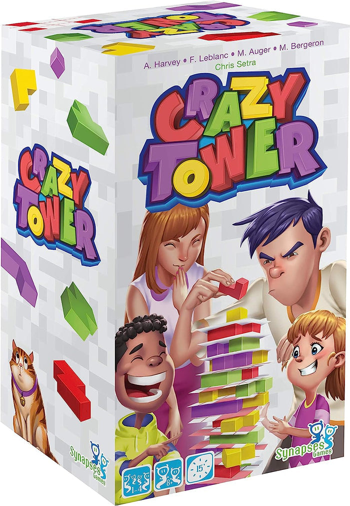 Box art for Crazy Tower game showing four people building a tower of colorful red, yellow, green, and purple blocks.