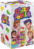 Box art for Crazy Tower game showing four people building a tower of colorful red, yellow, green, and purple blocks.