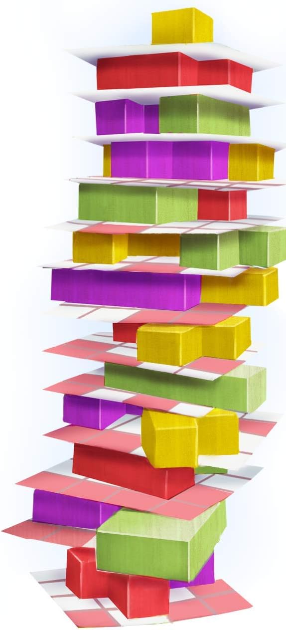 A tall, crooked stack of colorful yellow, green, purple, and red blocks separated by thin red and white grid cards.