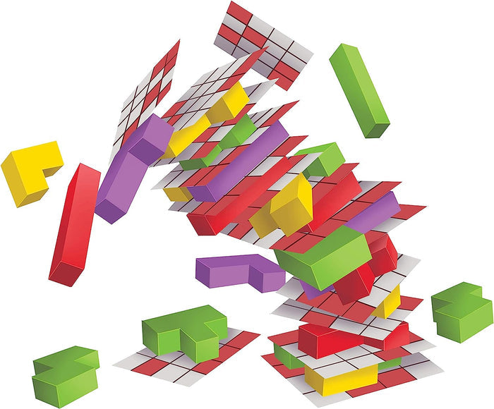 Vibrant red, green, purple, and yellow 3D blocks and gridded platforms falling in a chaotic tower formation.