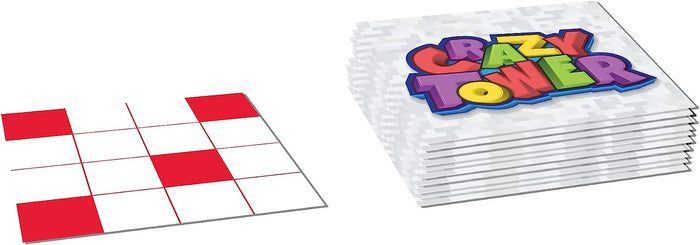 A white card with a red grid pattern next to a stack of cards featuring the colorful, 3D Crazy Tower logo.