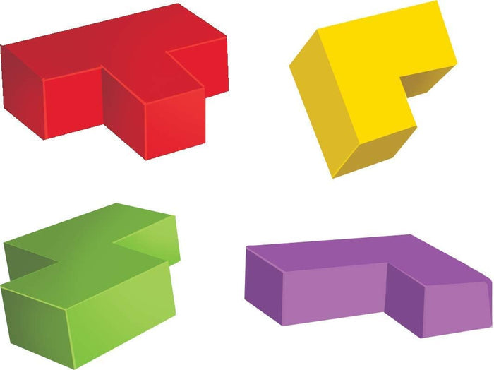 Red, yellow, green, and purple 3D geometric block pieces in different interlocking shapes on a white background.