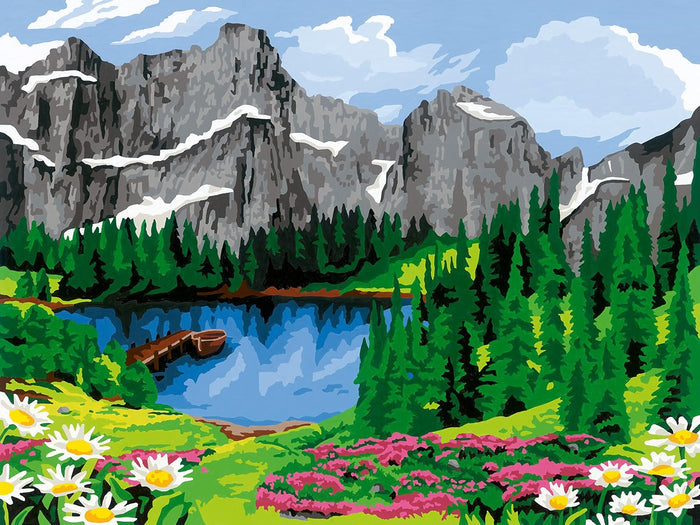 Landscape painting with grey snowy mountains, green pine trees, a blue lake with a dock, and colorful wildflowers.