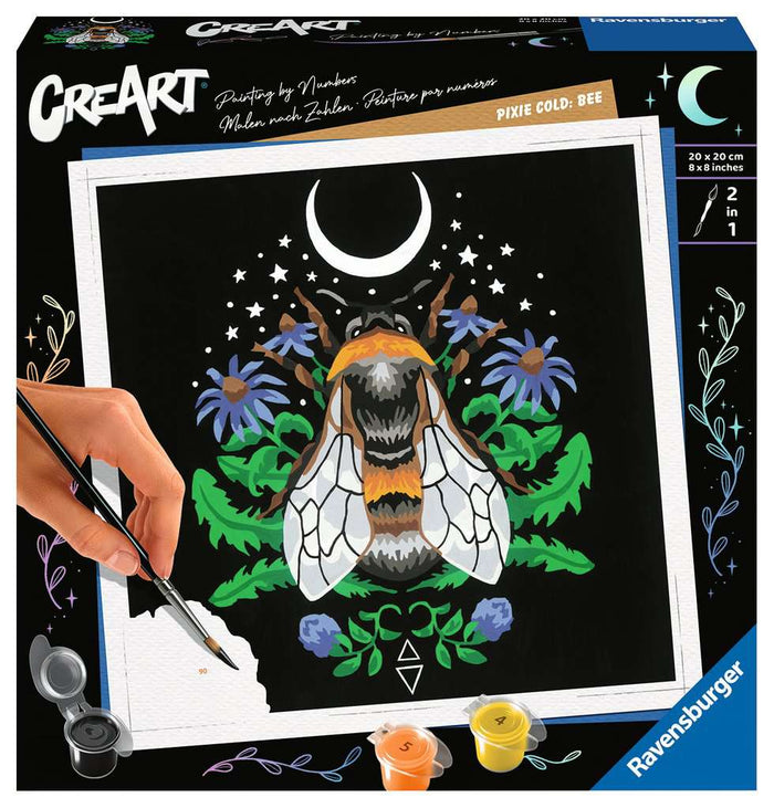 Paint-by-numbers kit box showing a bee among blue flowers, a hand holding a paintbrush, and three paint pots.