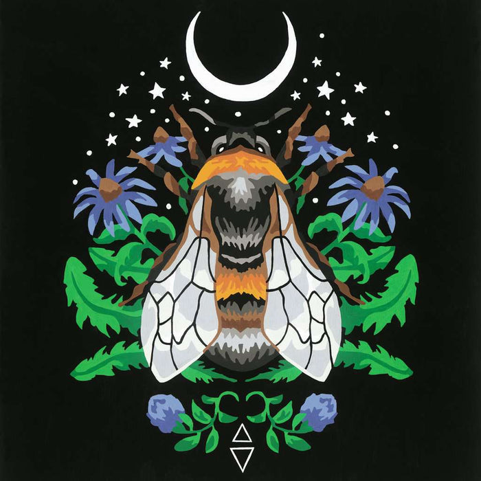 Stylized bee painting with purple flowers, green leaves, a crescent moon, and stars on a black background.
