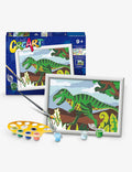 A framed green T-Rex paint-by-numbers kit with a yellow paint palette, brush, and colorful paint pots.
